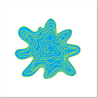 Trippy Topographic Wavy Contour Fluid Line Art Yellow on Blue Posters and Art